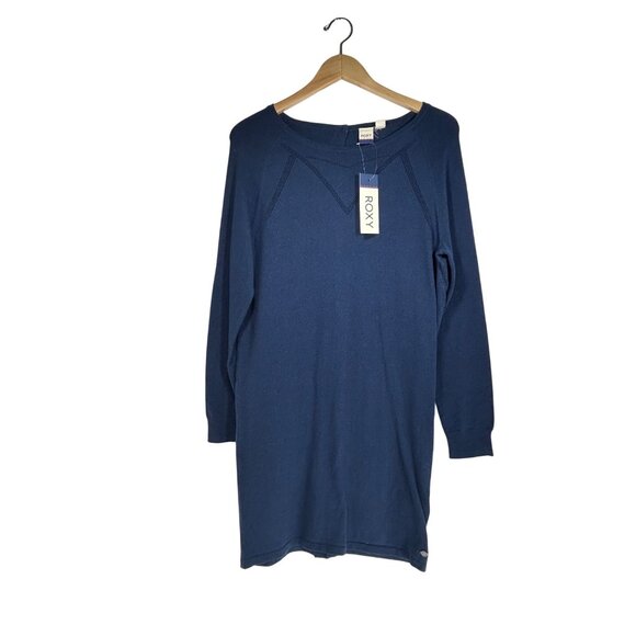 Roxy Sweater Mini Dress Sz M Navy Blue Long Sleeve Button Up Dress Peasant Boho - Picture 1 of 7
